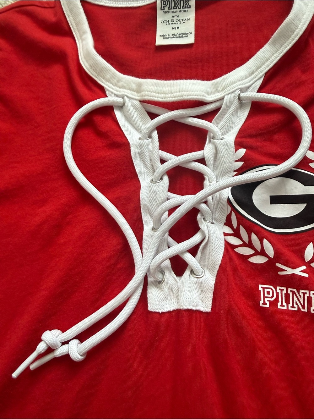 PINK Victoria's Secret Red Lace-Up Ringer Tee with White Trim - Picture 5 of 5
